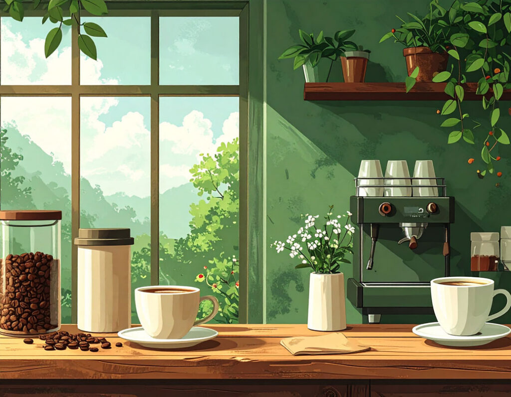 Lähikuva puisesta tasosta, jolla on kaksi kahvikuppia, kahvipapuja ja vihreä espressokone