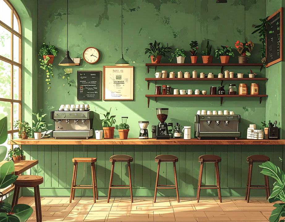 Vihreäseinäinen kahvila, jossa on puinen tiski, baarijakkaroita ja runsaasti kasveja.